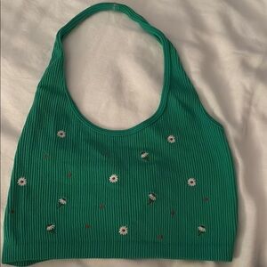 Zara Green Ribbed Top with Floral Details